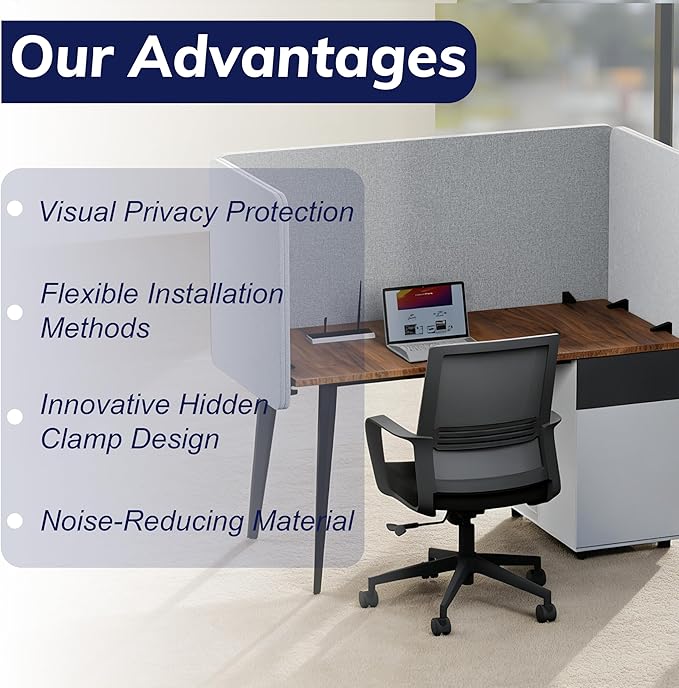 KERRAM Desk Privacy Panel 24 x 24 Inch, Sound Absorbing & Proof Desk Divider for Office, Clamp-on/Screw-on Acoustic Desk Back Panel Partition, Gray