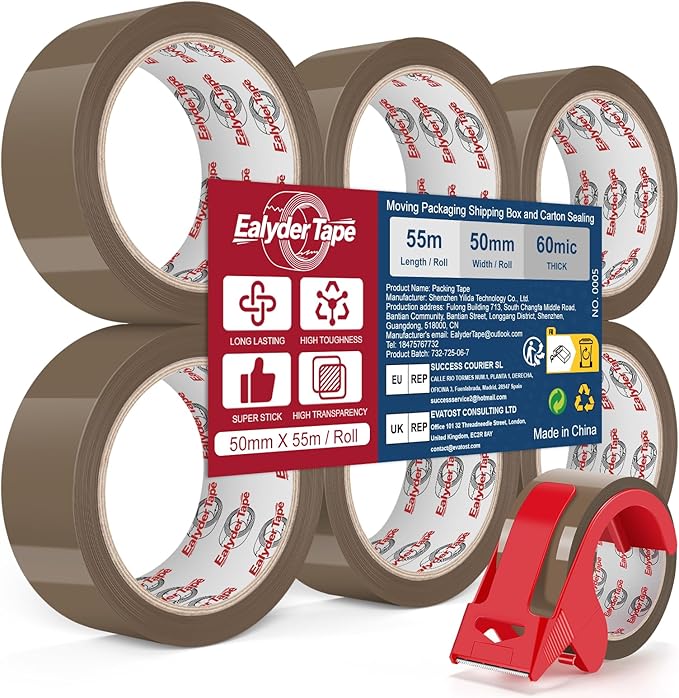Ealyder Tape Brown Packing Tape 2 inch x 60 Yards, 6 Rolls with Dispenser – Heavy Duty Parcel Sealing Tape for Shipping, Moving and Storage, Total 360 Yards