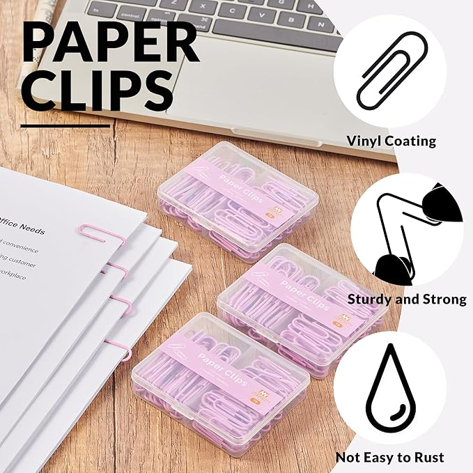 NEEWAY Colorful Paper Clips Assorted Sizes, Small and Large Paperclips, 210 Count, 3 Pack of 70 (Light Purple)