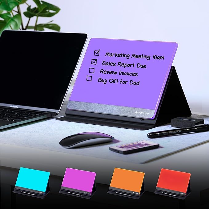 Note Tower LED Color Changing Desktop Whiteboard with Premium PU Leather Stand | Mood Enhancing & Productivity Boosting Dry Erase Light Up Board for Desk | Office, Home, School | Remote & App Control
