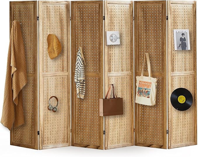 Aleesing 6 Panel Pegboard Display with 24 Hooks, Pegboard Room Divider and Folding Privacy Screens, Partition Room dividers, Wooden Room Divider Wall, Jewelry Store, Bedroom, Balcony, Light Brown