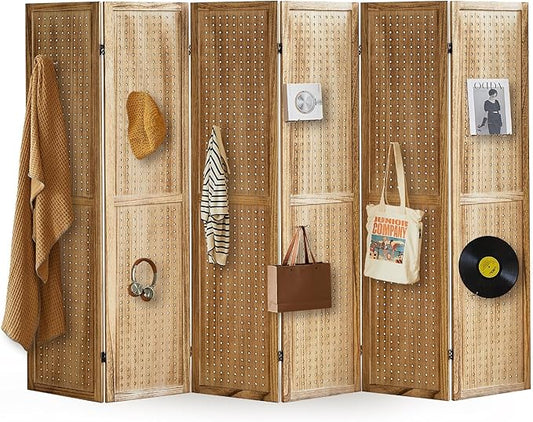 Aleesing 6 Panel Pegboard Display with 24 Hooks, Pegboard Room Divider and Folding Privacy Screens, Partition Room dividers, Wooden Room Divider Wall, Jewelry Store, Bedroom, Balcony, Light Brown