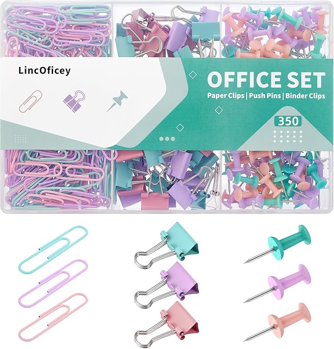 LincOficey 350pcs Paper Clips Binder Clips and Push Pins Set, Small Clips Office Supplies in Compartments Container for Multipurpose Document Organization (Pastel)