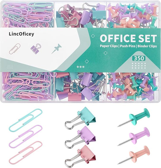 LincOficey 350pcs Paper Clips Binder Clips and Push Pins Set, Small Clips Office Supplies in Compartments Container for Multipurpose Document Organization (Pastel)