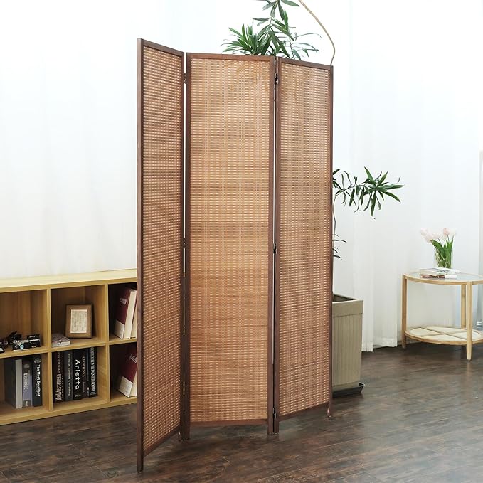 Furnnylane 3 Panel Bamboo Room Divider and Folding Panel Screen,Bamboo Panel Divider for Room Separation,Brown,67" H x 46" W