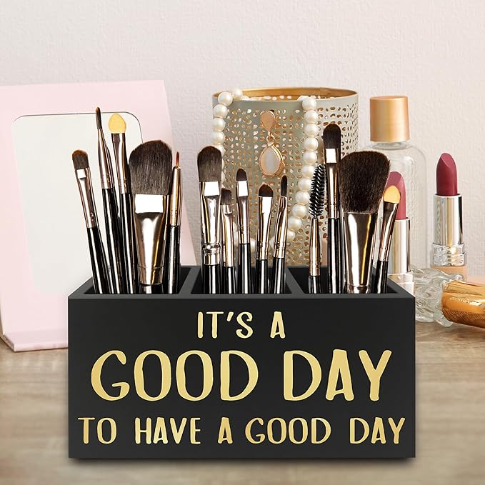 QZQE Inspirational Office Pen Pencil Holder Organizer for Desk, It's a Good Day to Have a Good Day Positive Wooden Box Signs Decorations for Home Office Desk Tabletop, Motivational Gifts for Women