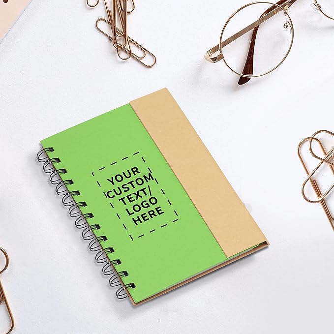DISCOUNT PROMOS Custom Eco Friendly Spiral Notebooks with Pens Set of 100, Personalized Bulk Pack - Perfect for School, Office, Home - Green