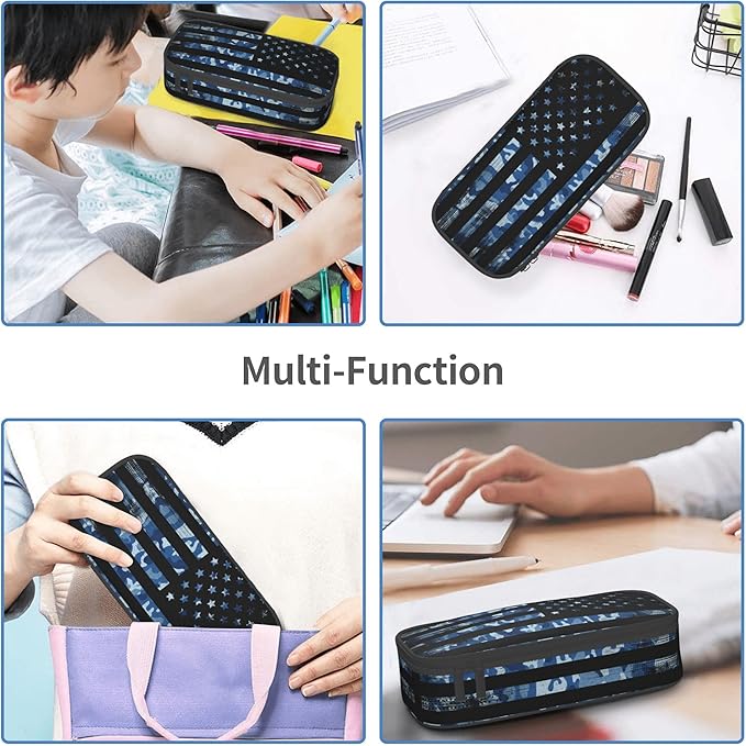 YIJIUWKIS American Flag Style Pencil Case for Kids Adults, Camo Pencil Box for Boys Girls, Blue Pencil Pouch Big Capacity Portable Stationery Storage Desk Pen Bag for School Office