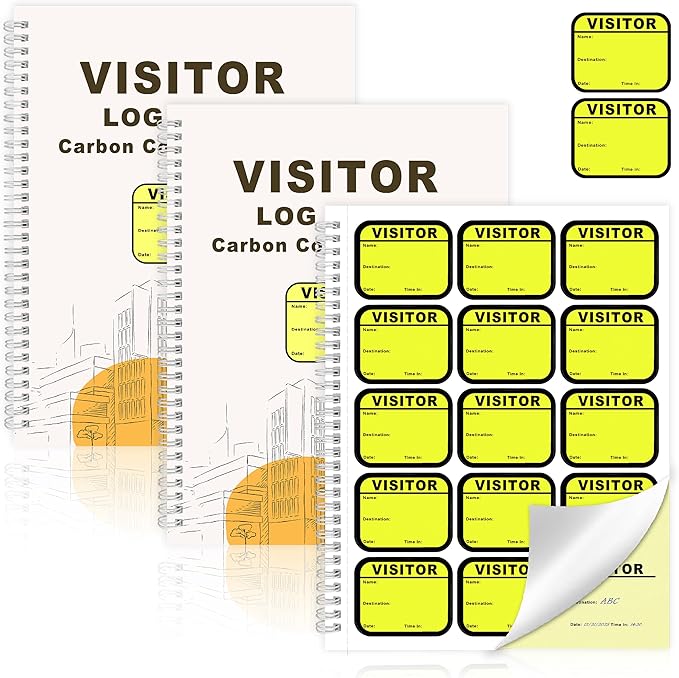 2 Pack of Visitor Badges Registry Log with Carbon Copy Protecting Privacy Pages Visitor Stickers 8.5x11 Inch Visitor Log Book School Church Business Pass Guest Book - 450 Badges 60 Memo Pages (2)