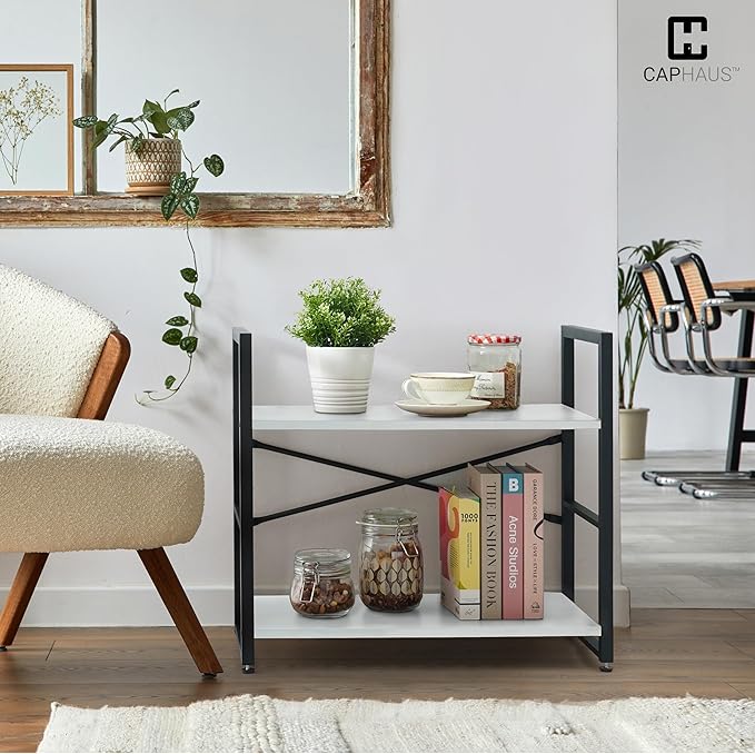 CAPHAUS 2 Tier Small Bookshelf, 24 Inch Width Free Standing Shelf, Bookcase Shelf Storage Organizer, Industrial Book Shelves for Home Office, Living Room, White Shelves & Metal Frame