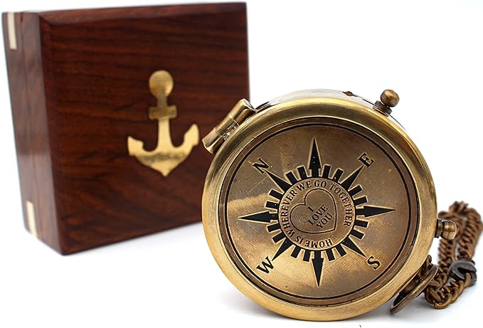 US HANDICRAFTS Home is Wherever Engraved Brass Compass with Wooden Case | Romantic Anniversary, Engagement, Wedding Gift for Boyfriend, Husband, & Loved Ones, for Him or Her