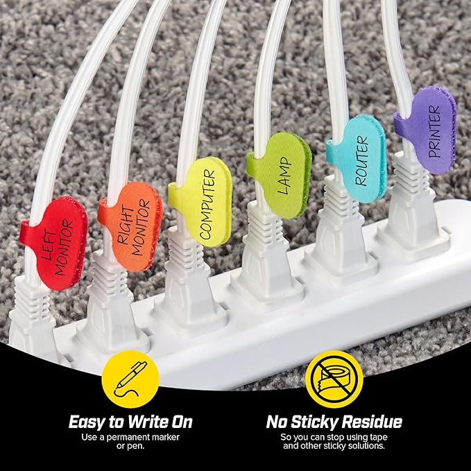 Wrap-It Storage - Cable Labels - Oval, Multi-Color (36 Pack) - Write-On Wire Tags for Cord Identification with Power Strips Behind Desks and TVs