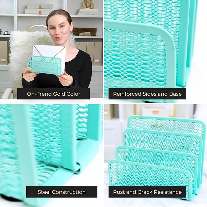 BLU MONACO Aqua Metal Mesh Letter Sorter for Desk| Modern Desk Organizer | Space-Saving Vertical Mail Holder | Office & Home Paper Organizer | Outgoing Mail Holder