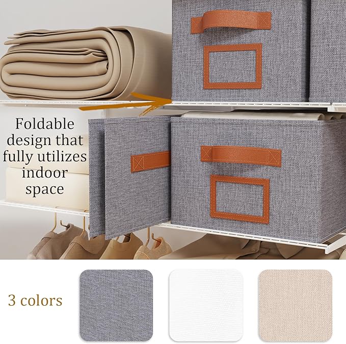 OUTBROS Foldable Storage Box for Shelves, 15.7 x 11.8 x 7.9 inch Fabric Baskets, Wardrobe Organiser with Handles, Suitable for Storing Clothes, Books, Cosmetics (Gray, 3-Pack)