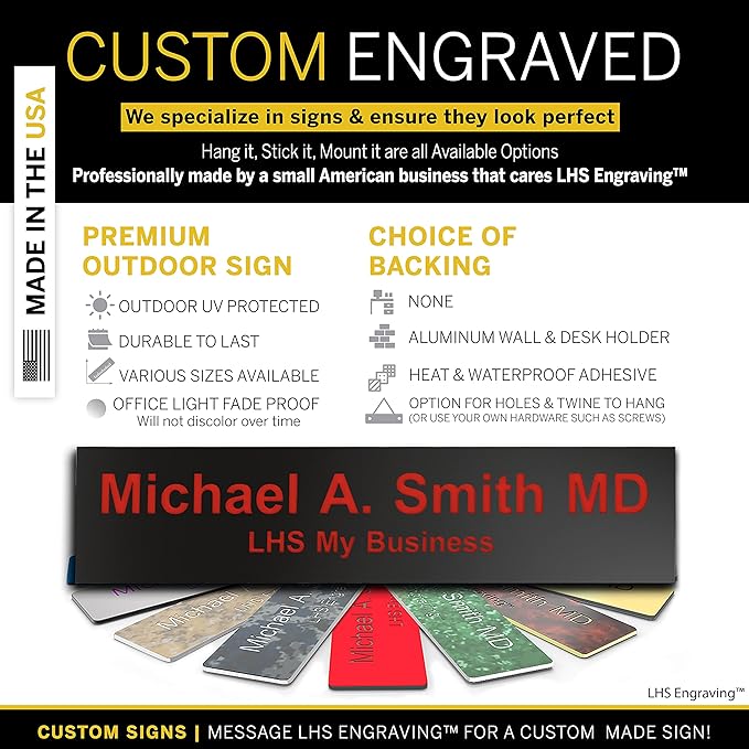 Engraved Name Plates for Door Sign Personalized Black Plastic Plaque with Red Letters - Made in USA 2x12 B19