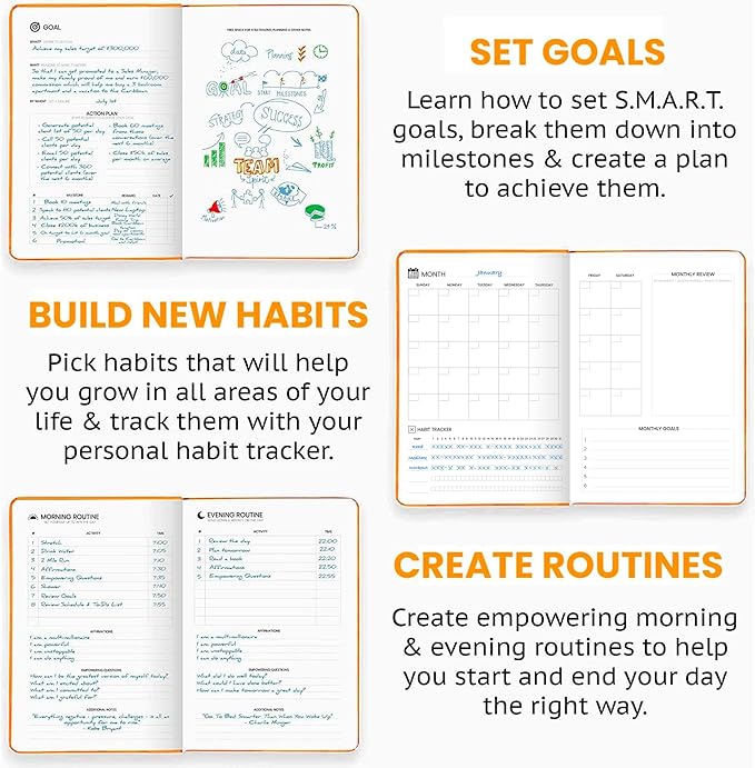Wyze Planner Undated Daily Planner – 1-Year B5 Productivity Organizer with Two-Page Weekly Spread, Goal Setting, Habit Tracker, Weekly & Monthly Pages – Hardcover Time Management Notebook (Orange)