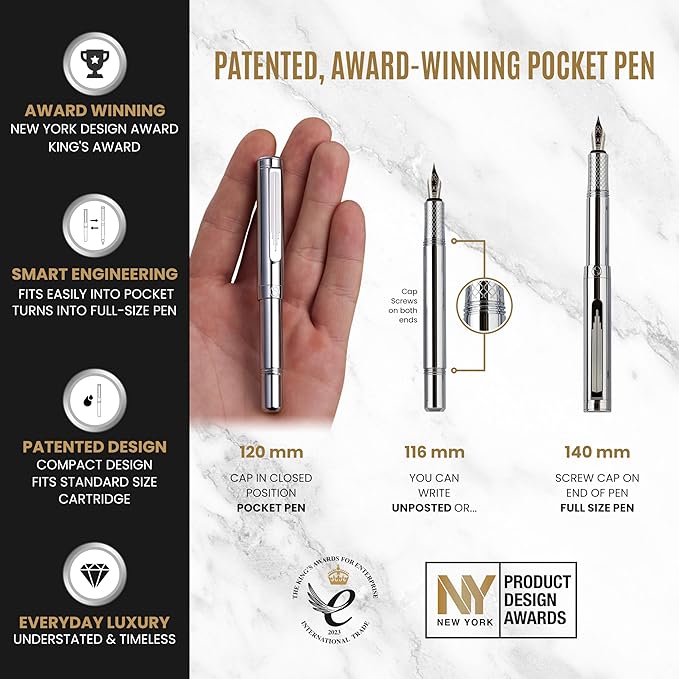 Scriveiner Personalized Silver Chrome Fountain Pen (Medium), Award Winning Luxury Pen, Heavy Pocket Pen, Chrome Finish, Best Engraved Fountain Pen Gift Set for Men & Women, Name Engraving