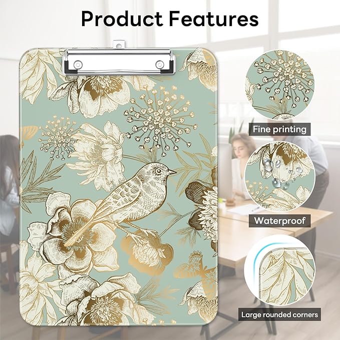 Luminzo Plastic Cute Clipboard Low-Profile Metal Clip, A4 Letter Size 9 x 12.5 in, 8.5 x 11 Paper Clip Board for Teachers, Nurses, Classroom,Floral Bird