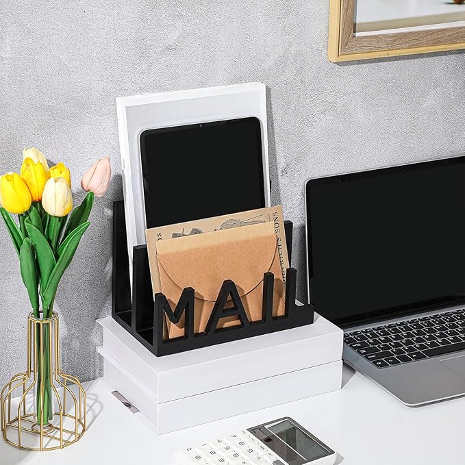 Vercraft 2 Slot Mail Organizer Holder Countertop Wooden Mail Black Letter Holder with Cutout Lettering Design for Office Desktop Envelope and Document Storage Rack