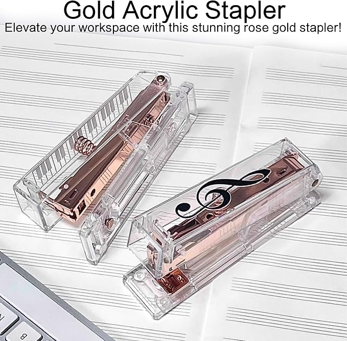 Gold Acrylic Stapler, Cute Office Stapler with 25 Sheets Capacity and Hold 100 Staples Unique and Stylish Design for Home Office Desktop (Piano-Key/High Note) (Piano-Key)
