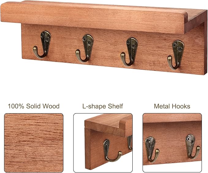 HRONRAD Rustic Key Holder for Wall, Farmhouse Wall Shelf with 4 Hooks, Wall Mounted Key Racks, Wooden Mail Organizer with Hooks for Entryway (Brown - Oak)