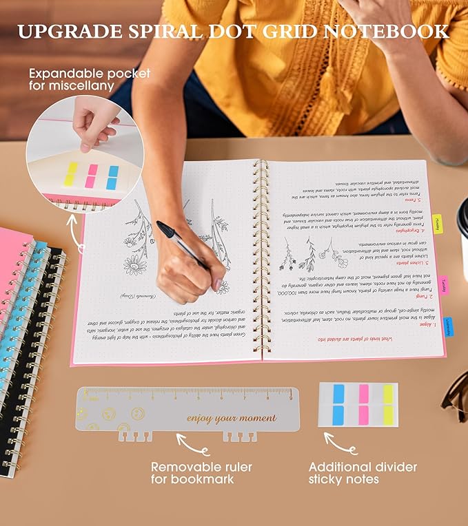 UEBZFOCS Dotted Notebook, Spiral Notebook Journal 8.5” x 11”, A4 Large Dot Grid Notebooks for Women Men, 100 GSM Dotted Paper, Plastic Hardcover Spiral Bullet Journals for Work School Sketching, Pink