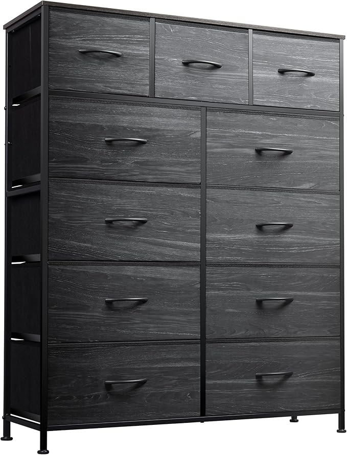 WLIVE Tall Dresser for Bedroom, Fabric Dressers Storage Tower, Dresser & Chest of Drawers with 11 Drawers, Storage Cabinet, Hallway, Closets, Steel Frame, Wood Top, Charcoal Black Wood Grain Print