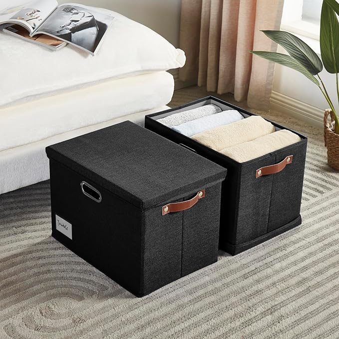 Roobyl 17" Large Collapsible Storage Bins with Lids, Stackable Closet Organizers with PU Handle and Labels, 3-Pack Decorative Fabric Storage Boxes for Home, Bedroom, Closet, Office, Nursery(Black)