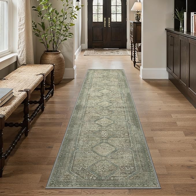 GENIMO Runner Rug 2x10 Non Slip Machine Washable Hallway Runner Rug, Low Pile Lightweight Rugs for Entryway, Hallway, Kitchen and Corridor, Sage/Blue