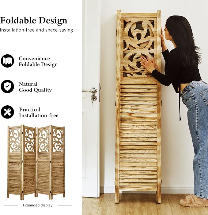 Room Divider Wood Carved Wall Divider Indoor Folding Portable Partition Screen for Home Office Garden Terrace - 4 Panel, 67 * 60inch (Wood)