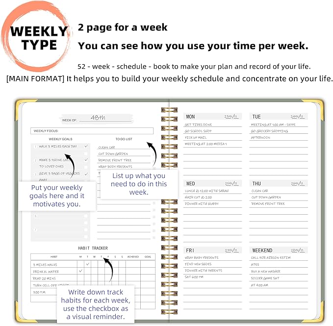 Undated Weekly Planner with Metal Corner Hardcover Notebook , A5 Size Journal with To Do List Planner, Habit Tracker,Weekly Goals for ADHD,Student, Office, Women, Men ,Gifts,6 x 8 inches，Spiral Bindding ,Green