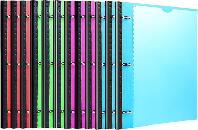 MAKHISTORY Telescoping 3 Ring Binder-12PCS, Flexible Binder with Customized Front Cover+Clear Catalog Pocket+3 Round Rings, Flat Writing Binder, 4 Bright Colors