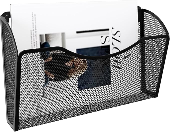 EasyPAG Single Pocket Wall File Organizer, Mesh Hanging File Folder Organizer for Letter/A4 Size Folders Wall Mounted Vertical Mail Holder for Paperwork, Office, Home, School, Black