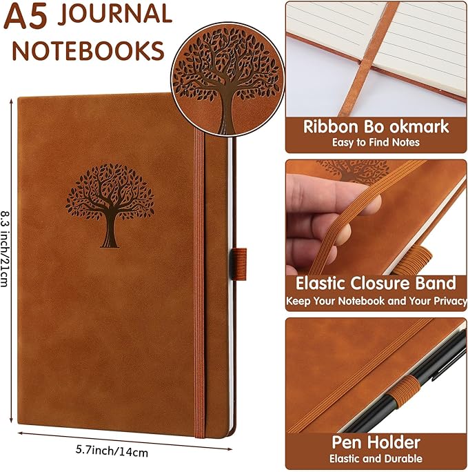 Qeeenar 24 Pack Leather Notebook Journals Bulk 5.7" x 8.3" Harder Cover A5 Journals for Writing Men Women Leather Travel Notebooks Daily Gifts for Office School (Brown)