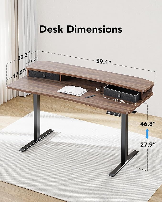 HUANUO 60″ x 30″ Electric Standing Desk with 2 Drawers, C-Clamp Mount Compatible, Height Adjustable Computer Desk, Home Office Stand Up Desk with 4 Preset Heights & 2 Hooks, Walnut