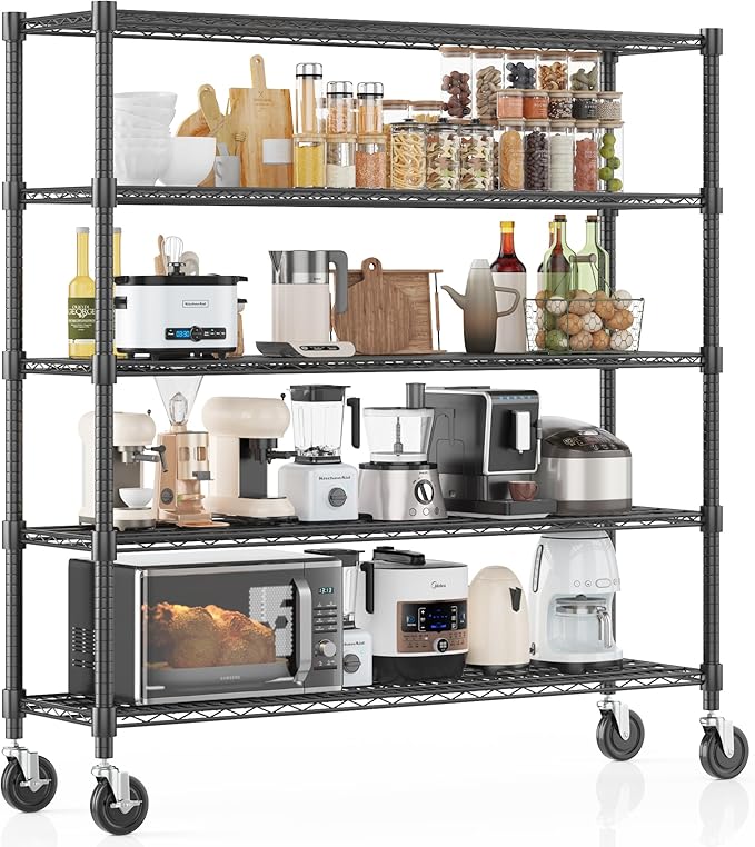 Homdox 5 Tier Heavy Duty Metal Wire Shelving with Wheels, 3000 lbs Capacity Garage Storage Rack, Rolling Industrial Storage, Adjustable Commercial Shelves for Kitchen, Warehouse, 18"x60"x82", Black