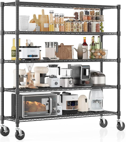 Homdox 5 Tier Heavy Duty Metal Wire Shelving with Wheels, 3000 lbs Capacity Garage Storage Rack, Rolling Industrial Storage, Adjustable Commercial Shelves for Kitchen, Warehouse, 18"x60"x82", Black