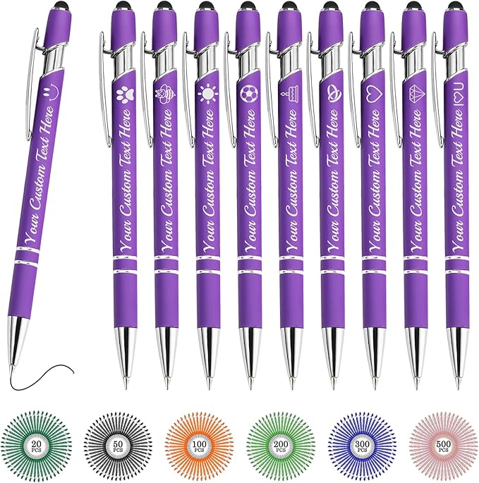 Custom Pens Bulk Personalized Ballpoint Pen with Stylus Tip Customized Engraved Pens with Name Logo Soft Black Ink with Touch Metal Office for Business Office Teacher School Corporate Gifts PURPLE