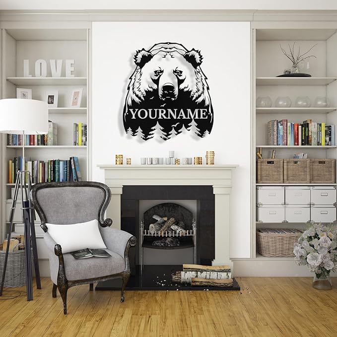 Custom Bear Metal Sign, Custom Bear Metal Wall Art Decor, Personalized Last Name Signs for Home, Rustic Farmhouse Black Wall Decor for Cabin, Bedroom, Living Room, Porch