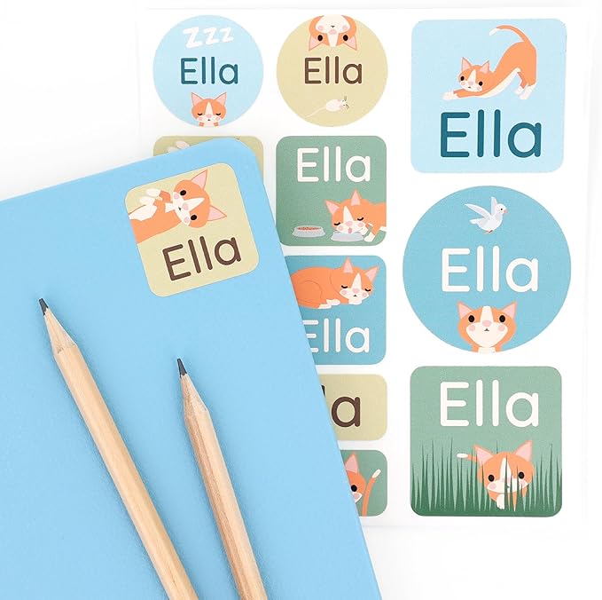 Large Name Labels for Kids (33) - Custom Stickers for Daycare and School Supplies - Durable, Waterproof Stickers for Water Bottles, Lunch Boxes, and More with Unique Designs - Cat