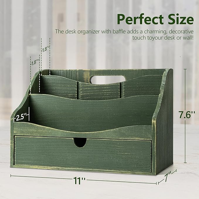 Rebee Vision Pine Wood Mail Organizer for Desk - Charming Farmhouse Mail Holder Organization with Drawer & Dividers - 4-Slot for File & Jewelry Sorter, Mail Organizer Countertop for Home Decor(Green)