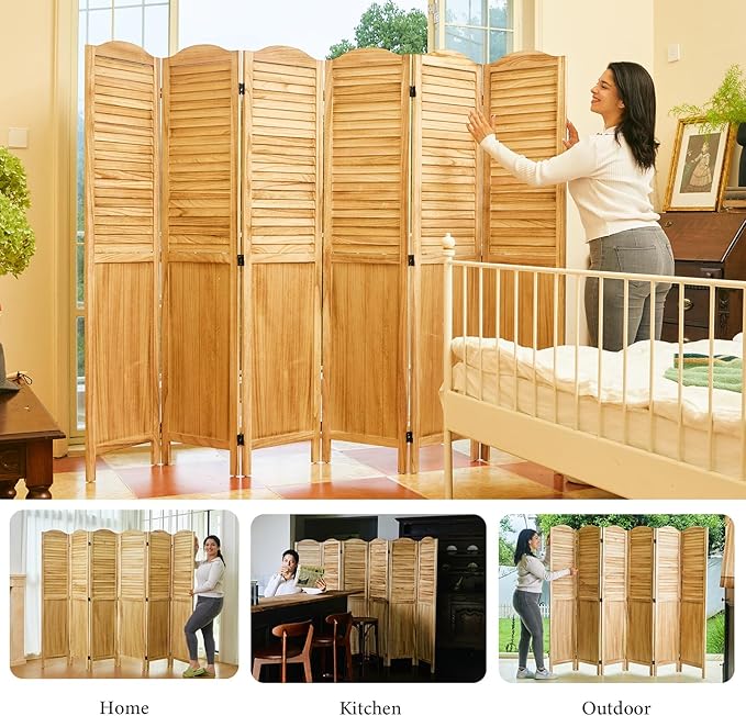 Room Dividers, 5.75Ft Individual Privacy Screens Foldable Wooden Louver & MDF Stable Wall Divider for Home Office Bedroom, 6 Panels (Natural)