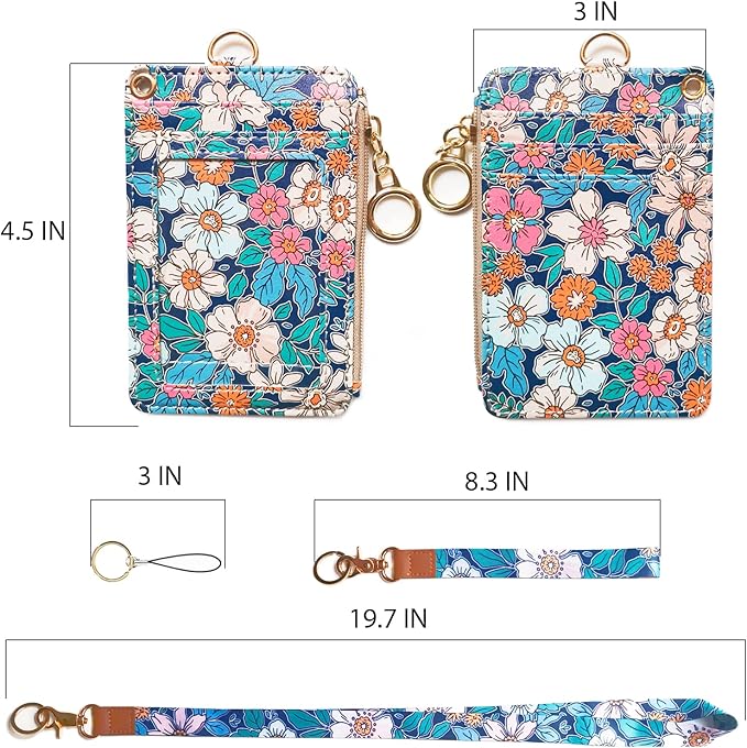 bolimoss Lanyard Wallet,Wallet Lanyard,lanyards for id Badges,lanyards for id Badges for Women,Lanyard Wallet for Women,Fashion Badge Holder with Zipper（Cartoon Floral）