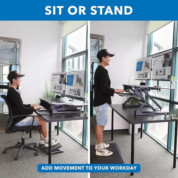 Mount-It! Standing Desk Converter Height Adjustable 47" Extra Large Wide Stand Up Desk Riser, Dual Monitor Arm Mounts, Stand Up Desk Convertor with Keyboard Tray, Fits Two Monitors up to 32"