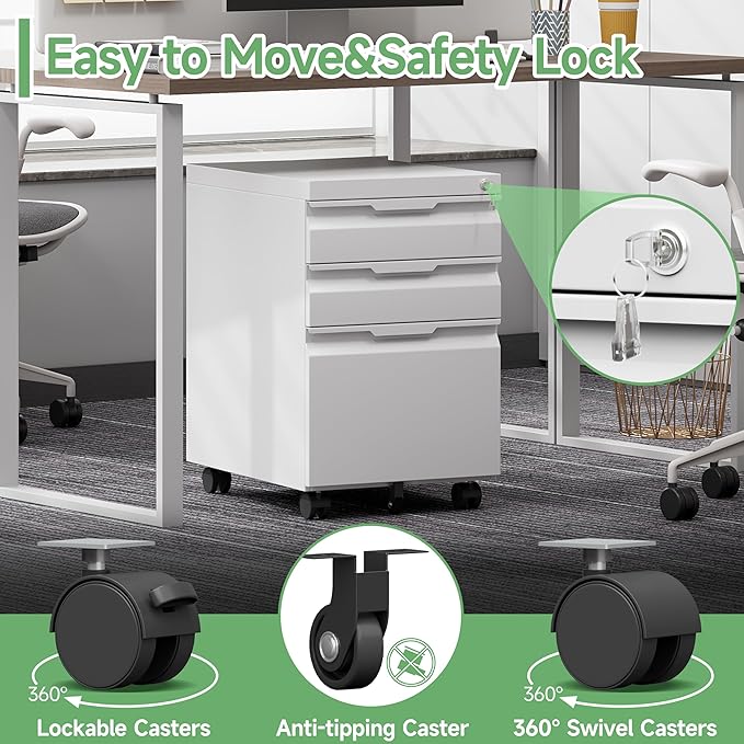 LONGLINK 3 Drawer Mobile File Cabinet with Lock,Under Desk Metal Filing Cabinets with Wheels for Home Office Organizer Letters/Legal/A4(Easy Assemble-White)