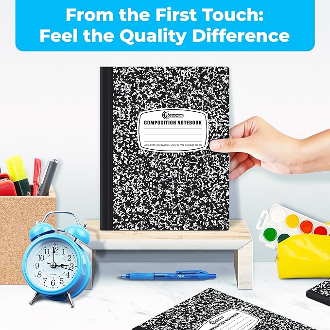 Rosmonde 12 Pack Composition Notebook College Ruled Bulk, 200 Pages (100 Sheets), 9-3/4 x 7-1/2, Hard Cover College Ruled Notebook Bulk, Black Marble Composition Notebook College Ruled, Bulk Notebooks