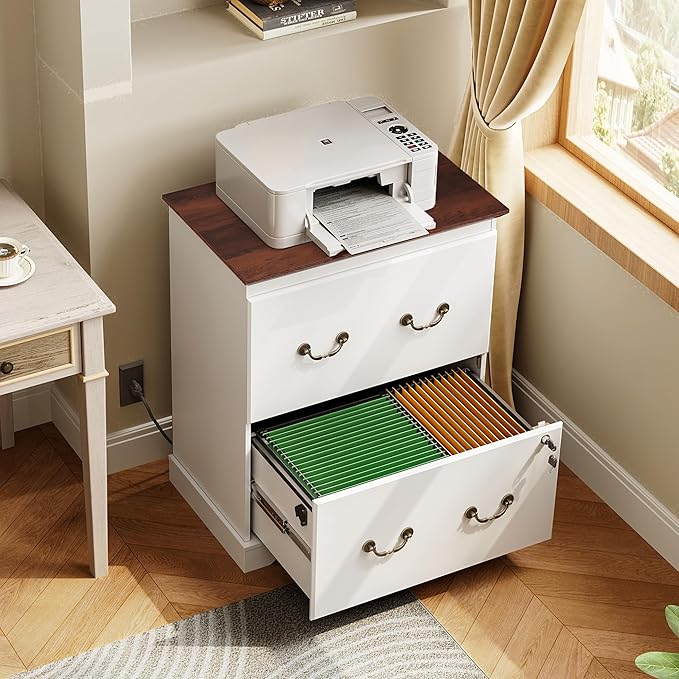 DEVAISE 2 Drawer File Cabinet,Lateral Vintage Farmhouse Wood Filing Cabinet with Lock & Charging Station for Letter/Legal/A4 Size, White