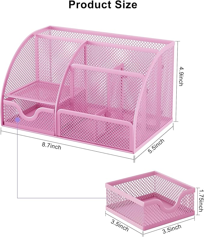 EasyPAG Mesh Desk Organizer with Drawer Multi-functional Pen Holder Stationery Organizer for Office School Supplies 6 Compartments Dorm Organizers and Storage for Desk, Light Pink