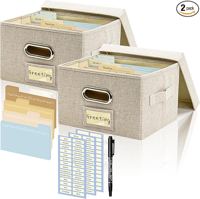 Remowith Greeting Card Organizer and Storage Box with 20 Pcs Adjustable Dividers, Storing Cards with 84 Pcs Labels Perfect for Storing Greeting Cards, Envelopes, Photos 2 Pack Beige