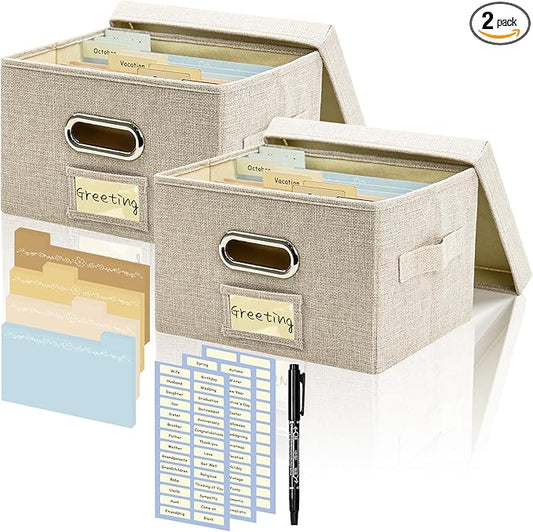 Remowith Greeting Card Organizer and Storage Box with 20 Pcs Adjustable Dividers, Storing Cards with 84 Pcs Labels Perfect for Storing Greeting Cards, Envelopes, Photos 2 Pack Beige